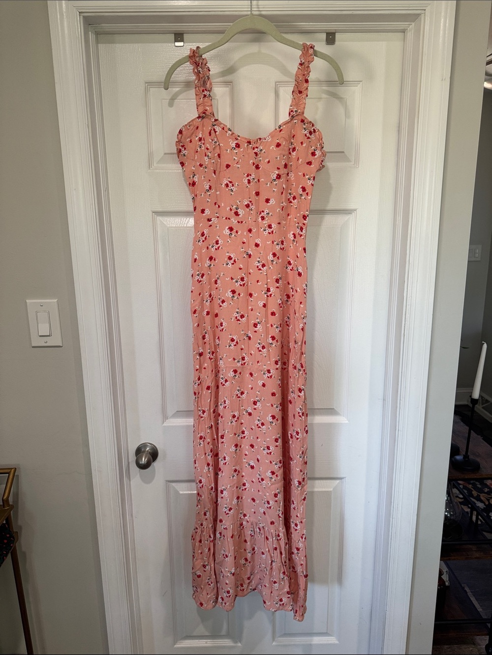 Vici Coral Pink Floral Maxi Dress with Ruffled Straps